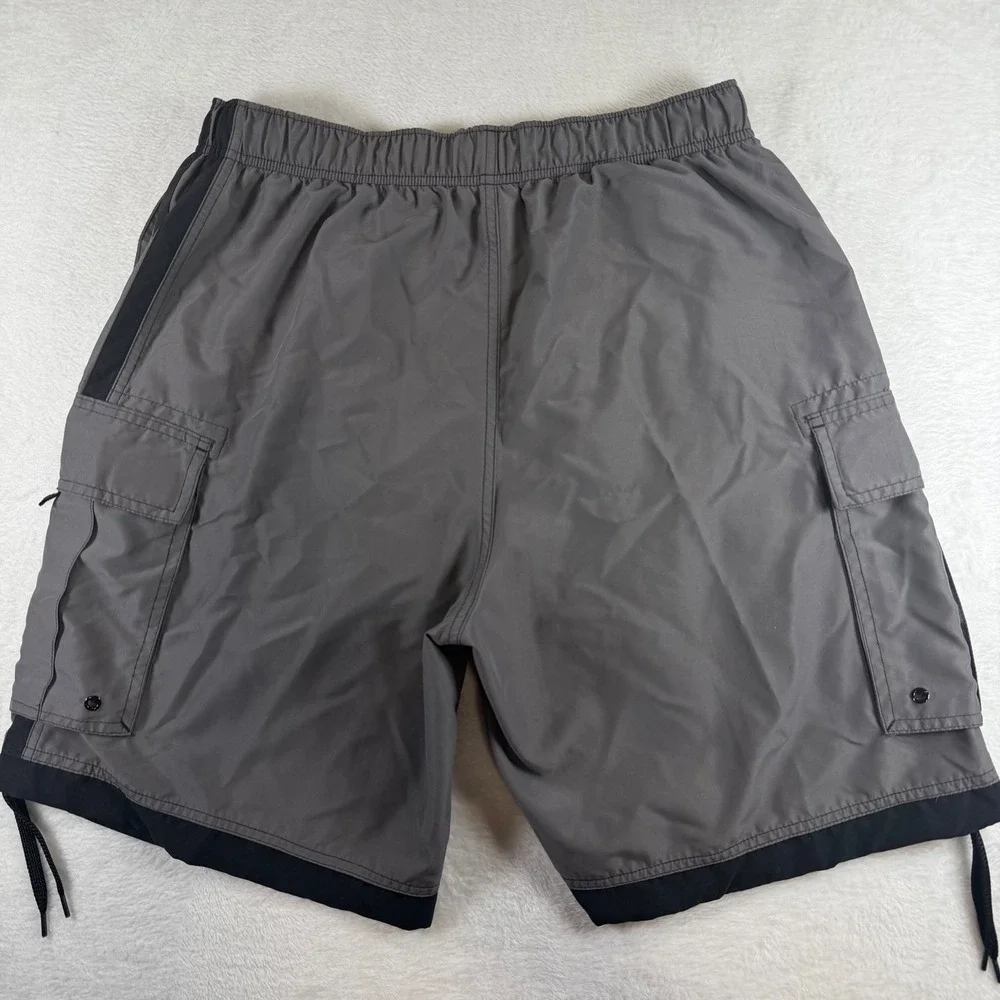Third Coast Mens Cargo Board Shorts Gray Black Elastic Waist Swim Trunks Size L